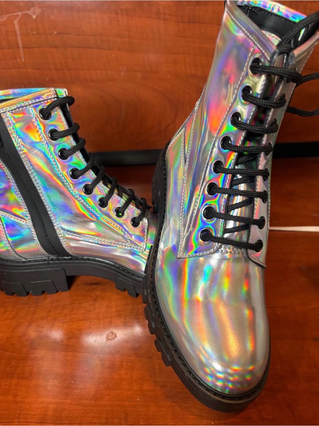 Hugo Holographic Lace-Up Combat Boots With Black Soles